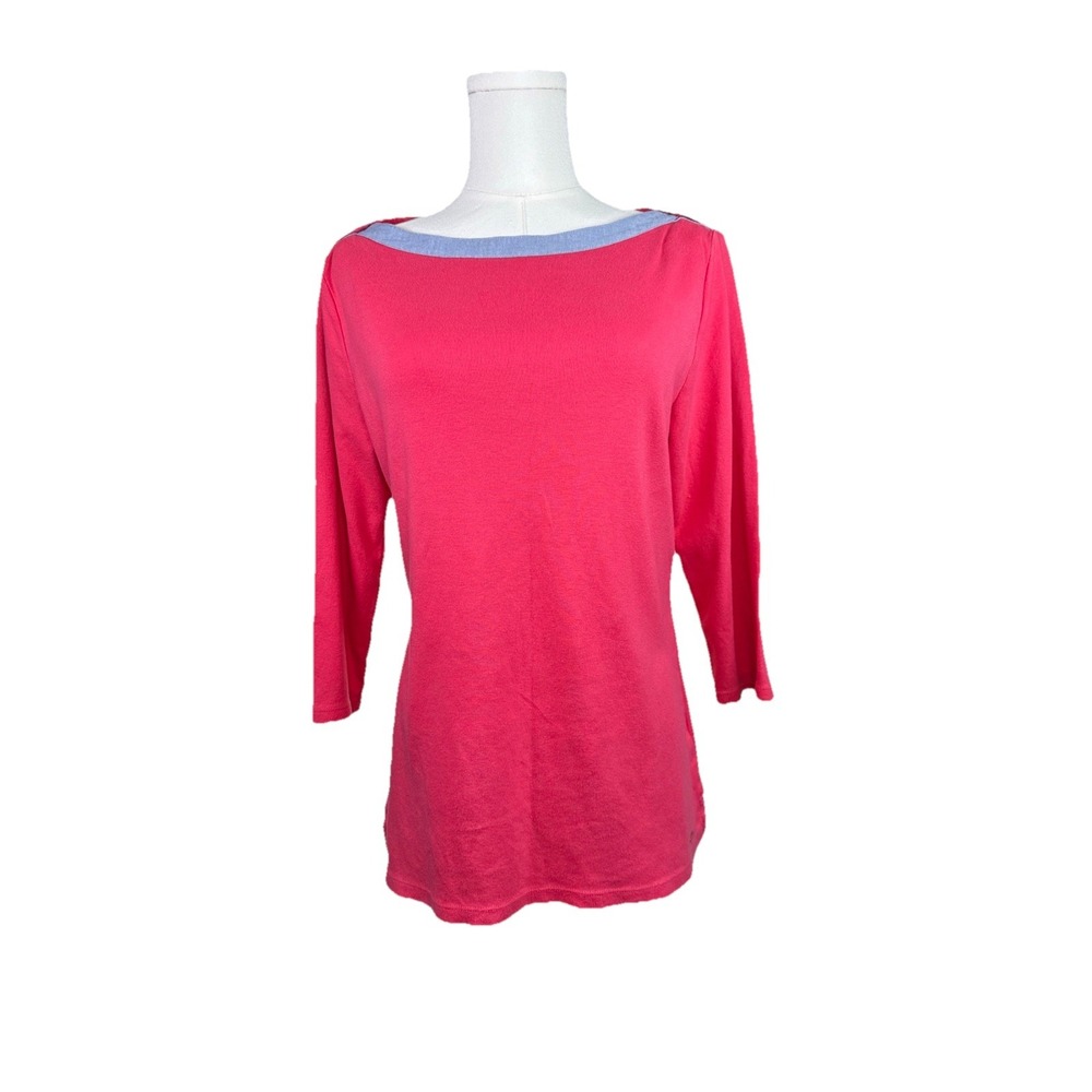 Tommy Hilfiger Vtg. Pullover T-Shirt Women Coral, Denim Neck Trim 3/4 Sleeve Lg